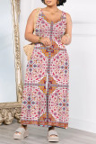 Casual Geometric Print Floral Print Pocket Contrast V Neck Loose Jumpsuits