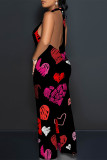 Street Love Print Letters Lace Up Backless Contrast Halter Loose Jumpsuits