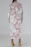 Elegant Flowers Print Gradient Contrast O Neck Printed Dresses