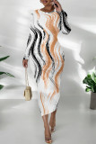 Elegant Geometric Print Bronzing Pattern Contrast O Neck Printed Dresses