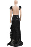 Nightclub Solid Color Sequins Feathers High Slit Spaghetti Strap Sling Dresses