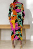 Elegant Floral Print Contrast O Neck Printed Dresses