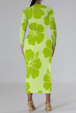 Elegant Flowers Print Gradient Contrast O Neck Printed Dresses