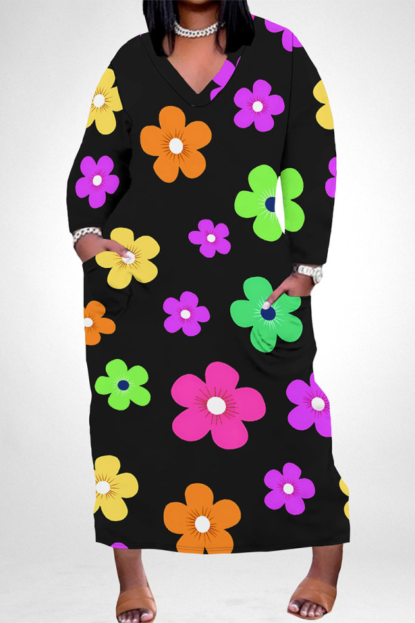 Casual Flowers Love Print Pocket Contrast V Neck Printed Plus Size Dresses