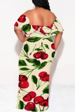Sexy Floral Print fruit Ruffle Contrast Off Shoulder Printed Dresses