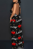 Street Love Print Letters Lace Up Backless Contrast Halter Loose Jumpsuits
