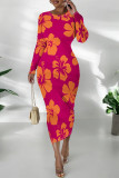 Elegant Flowers Print Gradient Contrast O Neck Printed Dresses