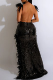 Nightclub Solid Color Sequins Feathers High Slit Spaghetti Strap Sling Dresses