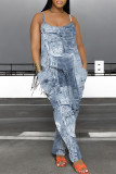 Casual Faux Denim Print Pocket Contrast U Neck Loose Jumpsuits