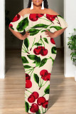 Sexy Floral Print fruit Ruffle Contrast Off Shoulder Printed Dresses