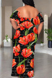 Sexy Floral Print fruit Ruffle Contrast Off Shoulder Printed Dresses