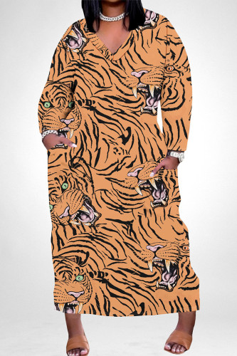 Street Animal Print Stripe Pocket Contrast V Neck Printed Plus Size Dresses