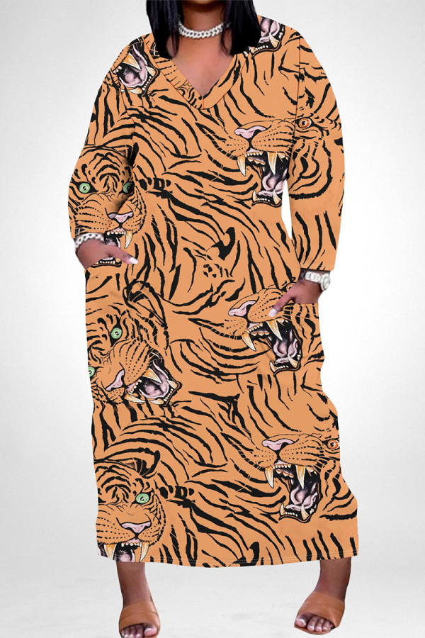 Street Animal Print Stripe Pocket Contrast V Neck Printed Plus Size Dresses