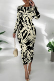 Elegant Geometric Print Bronzing Pattern Contrast O Neck Printed Dresses