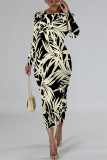 Elegant Geometric Print Bronzing Pattern Contrast O Neck Printed Dresses