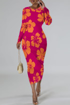 Elegant Flowers Print Gradient Contrast O Neck Printed Dresses