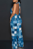 Street Faux Denim Print Pocket Lace Up Backless Halter Loose Jumpsuits