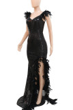 Nightclub Solid Color Sequins Feathers High Slit Spaghetti Strap Sling Dresses