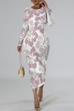 Elegant Flowers Print Gradient Contrast O Neck Printed Dresses
