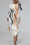 Elegant Geometric Print Bronzing Pattern Contrast O Neck Printed Dresses