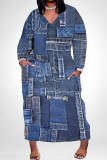 Street Faux Denim Print Pocket Contrast V Neck Printed Plus Size Dresses