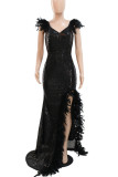 Nightclub Solid Color Sequins Feathers High Slit Spaghetti Strap Sling Dresses