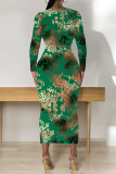 Elegant Geometric Print Bronzing Pattern Contrast O Neck Printed Dresses