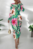 Elegant Floral Print Contrast O Neck Printed Dresses