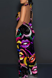 Street Love Print Letters Lace Up Backless Contrast Halter Loose Jumpsuits