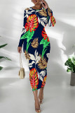 Elegant Floral Print Contrast O Neck Printed Dresses
