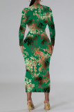 Elegant Geometric Print Bronzing Pattern Contrast O Neck Printed Dresses