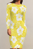 Elegant Flowers Print Contrast O Neck Printed Dresses