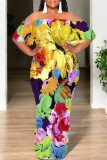 Sexy Floral Print fruit Ruffle Contrast Off Shoulder Printed Dresses