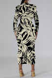 Elegant Geometric Print Bronzing Pattern Contrast O Neck Printed Dresses