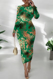 Elegant Geometric Print Bronzing Pattern Contrast O Neck Printed Dresses