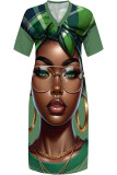 Casual Print portrait Pocket Contrast V Neck Printed Plus Size Dresses