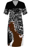 Street Cartoon Print portrait Pocket Contrast V Neck Printed Plus Size Dresses