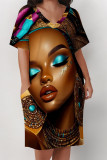 Casual Print portrait Pocket Contrast V Neck Printed Plus Size Dresses
