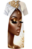 Casual Print portrait Pocket Contrast V Neck Printed Plus Size Dresses