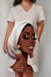 Street Letter Print portrait Pocket Contrast V Neck Printed Plus Size Dresses