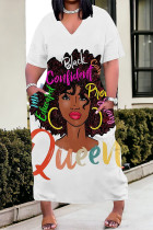 Street Cartoon Print portrait Pocket Contrast V Neck Printed Plus Size Dresses