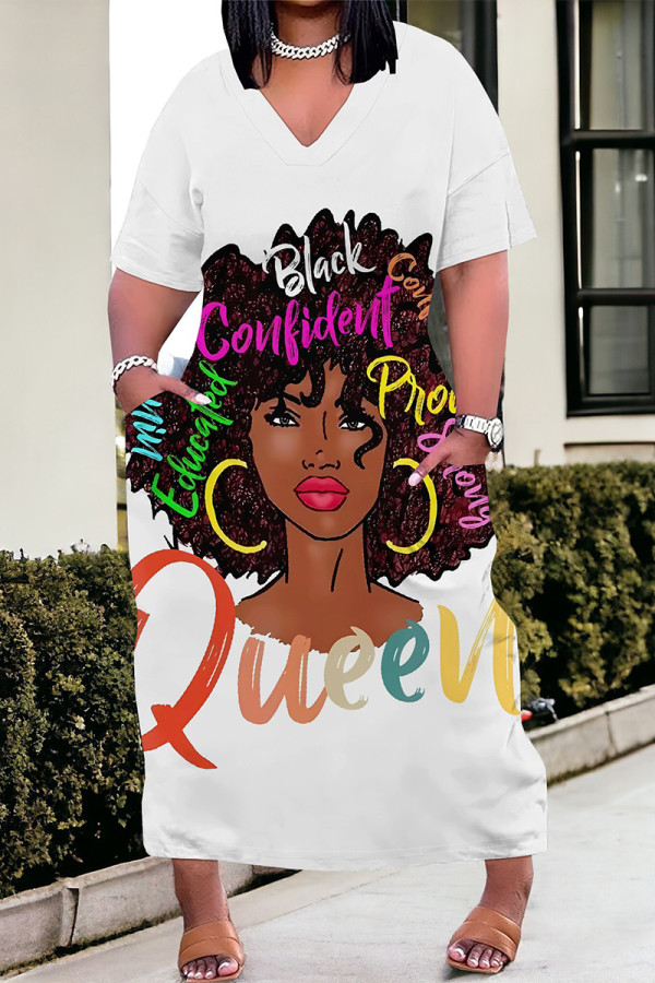 Street Cartoon Print portrait Pocket Contrast V Neck Printed Plus Size Dresses