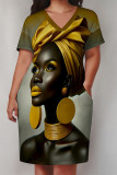 Street Letter Print portrait Pocket Contrast V Neck Printed Plus Size Dresses