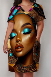Casual Print portrait Pocket Contrast V Neck Printed Plus Size Dresses