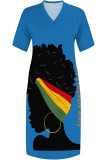 Street Cartoon Print portrait Pocket Contrast V Neck Printed Plus Size Dresses