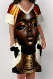 Casual Print portrait Pocket Contrast V Neck Printed Plus Size Dresses