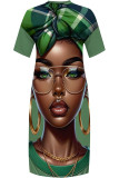 Casual Print portrait Pocket Contrast V Neck Printed Plus Size Dresses