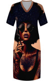 Casual Print portrait Pocket Contrast V Neck Printed Plus Size Dresses