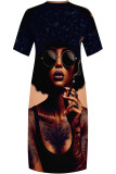 Casual Print portrait Pocket Contrast V Neck Printed Plus Size Dresses