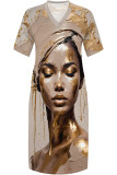 Casual Print portrait Pocket Contrast V Neck Printed Plus Size Dresses
